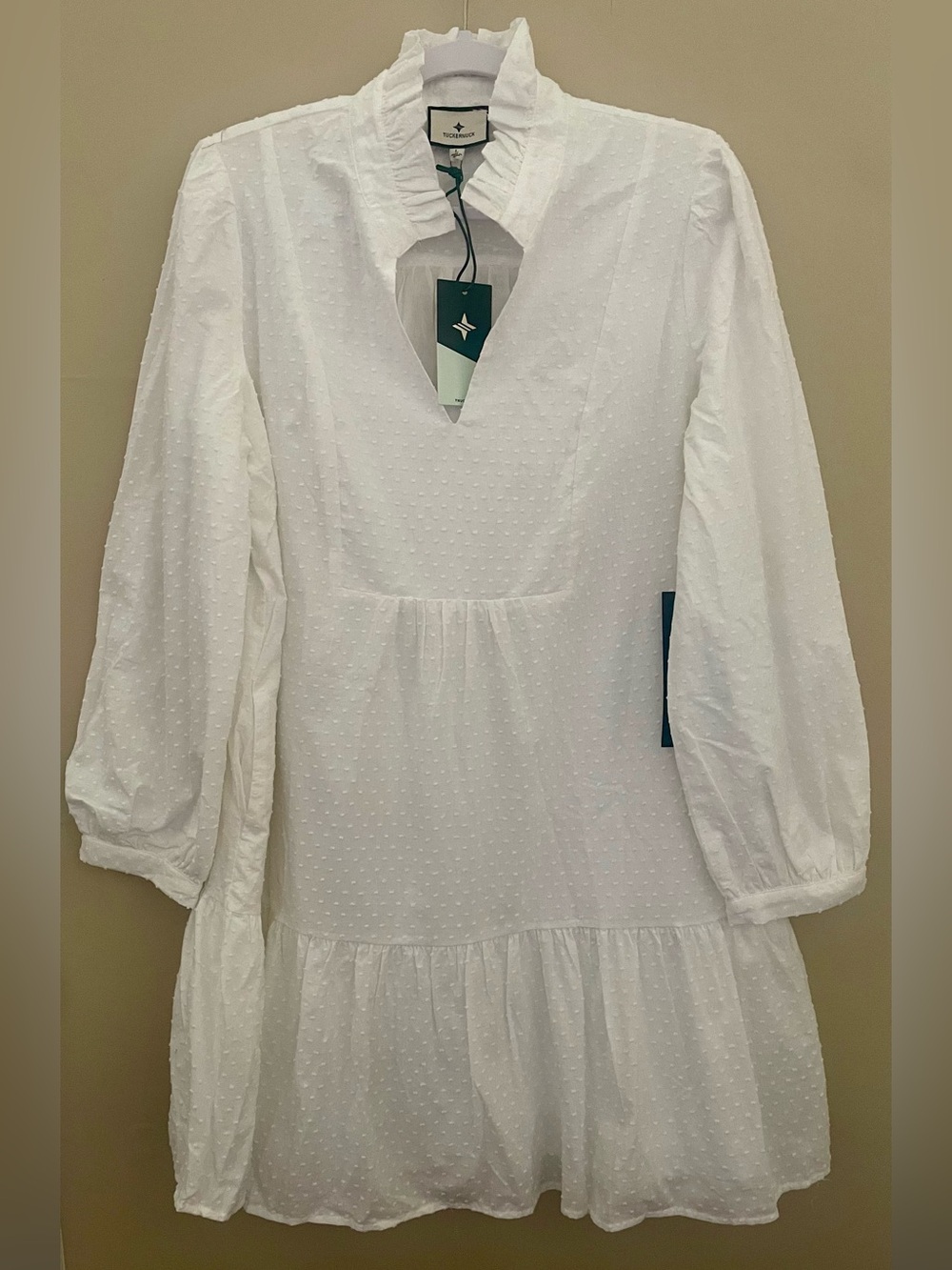 Tuckernuck White Swiss Dot Palmerston Dress Ruffle Neck Tiered Mini NWT Size L